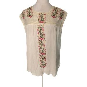 Ranna Gill Women’s Small Cream Floral Embroidered Sleeveless Top Cottagecore